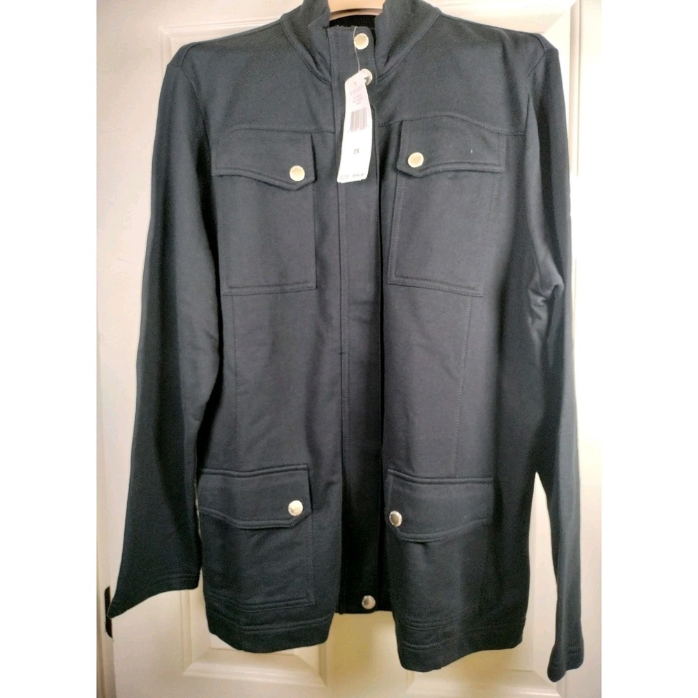 NWT Lauren Ralph Lauren Black Utility Jacket 2X Full Zip Pockets Cotton